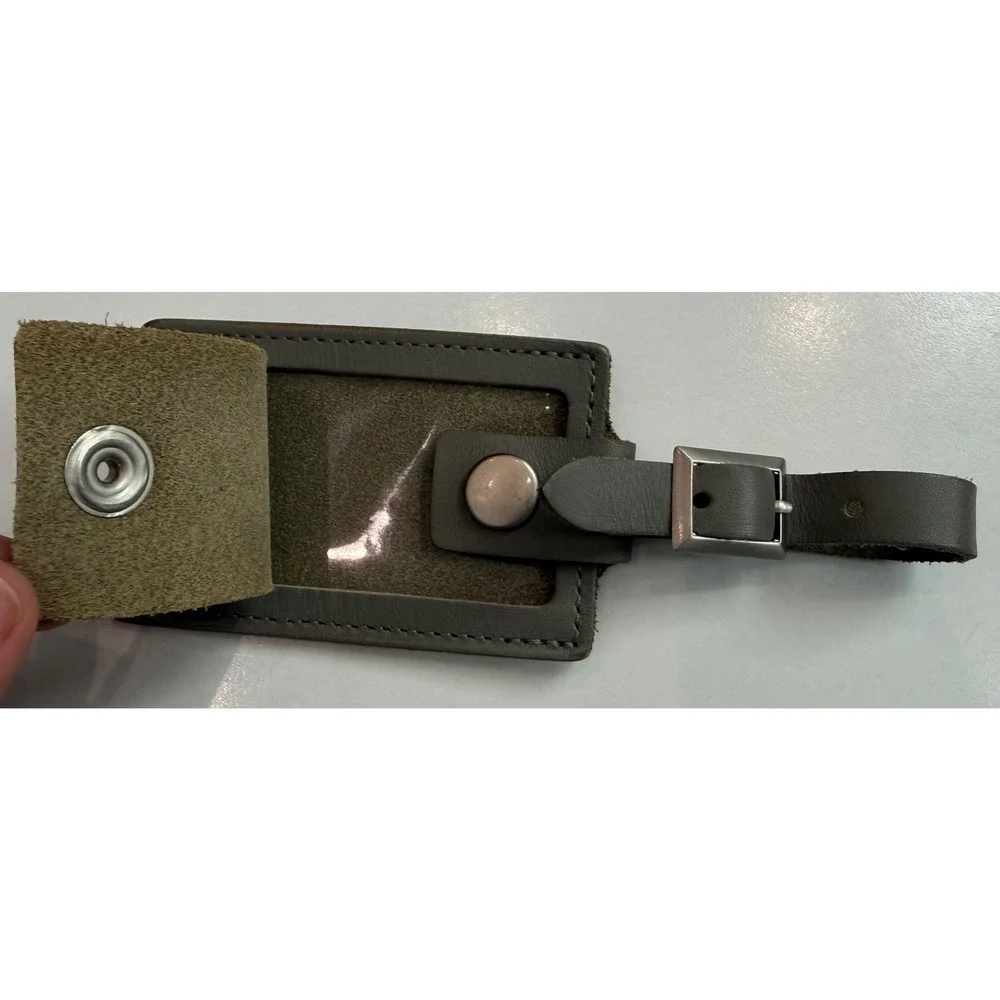 Tumi Grey Leather Luggage Tag Red Logo Buckle Strap Travel Accessory